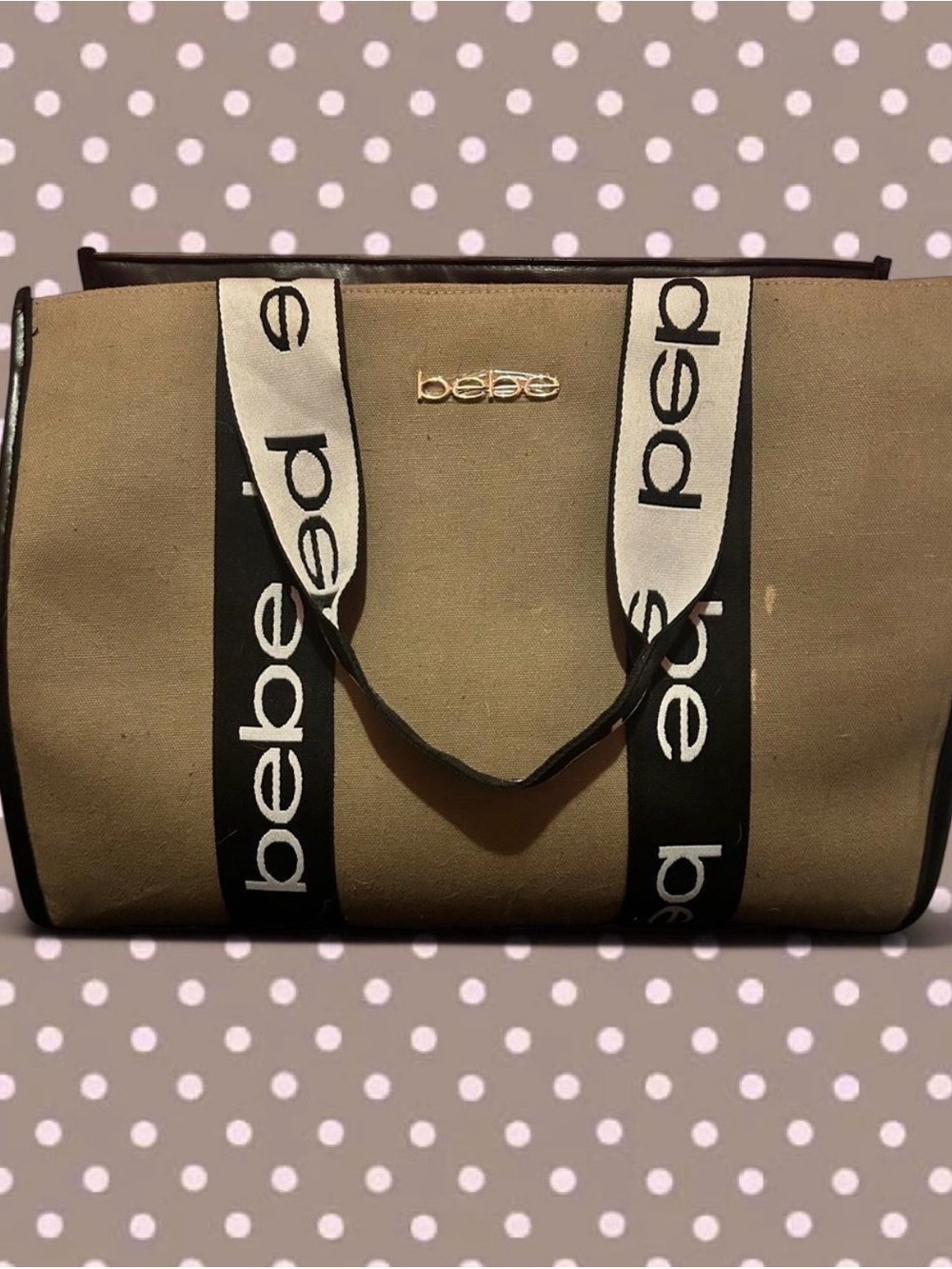 bebe Olive Canvas Tote with Branded Black & Cream Straps